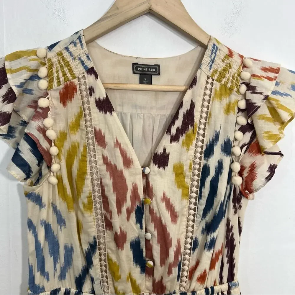 J. Crew Point Sur Tiered Pom Pom Midi Flutter Sleeve Cotton Ikat Dress Size 2